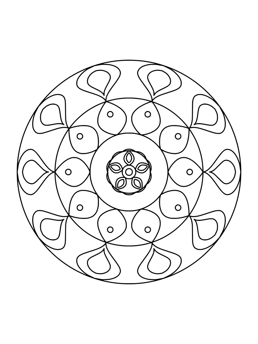 10-fold easy lotus mandala with large petal and arched rings, an easy bold-line colouring page for kids to print or colour online
