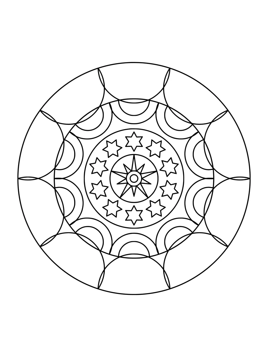 10-fold easy star mandala with star and petal rings, an easy bold-line coloring page for kids to print or color online