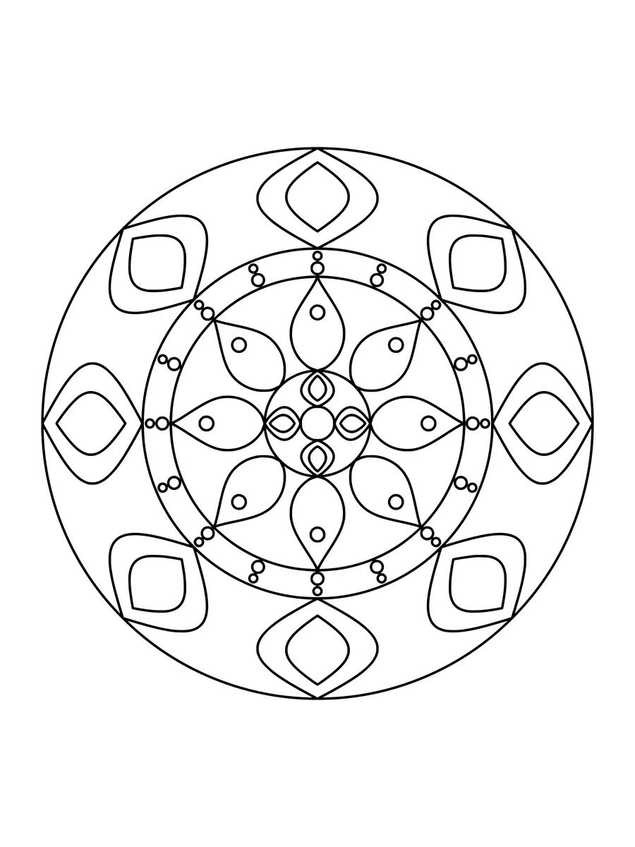 8-fold easy flower mandala with big petal and scalloped rings, an easy bold-line colouring page for kids to print or colour online