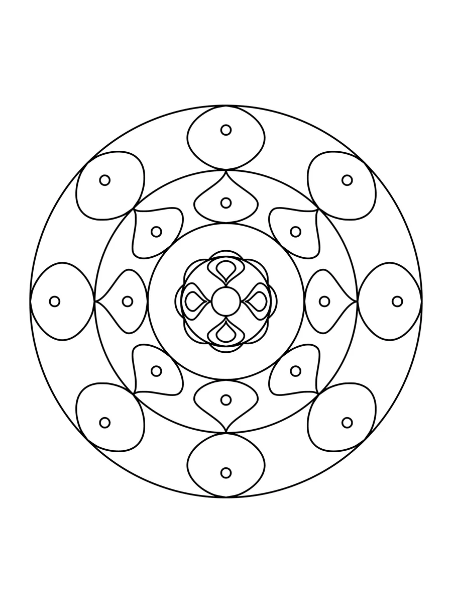 8-fold easy flower mandala with big petal and scalloped rings II, an easy bold-line colouring page for kids to print or colour online