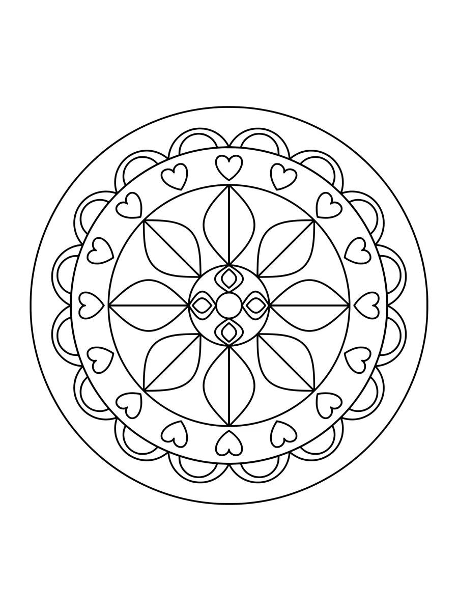8-fold easy garden mandala with leaf and petal rings, an easy bold-line coloring page for kids to print or color online