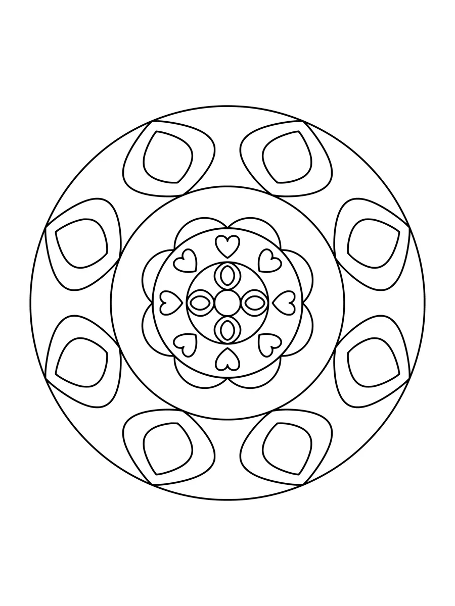 8-fold easy heart mandala with heart and petal rings, an easy bold-line colouring page for kids to print or colour online