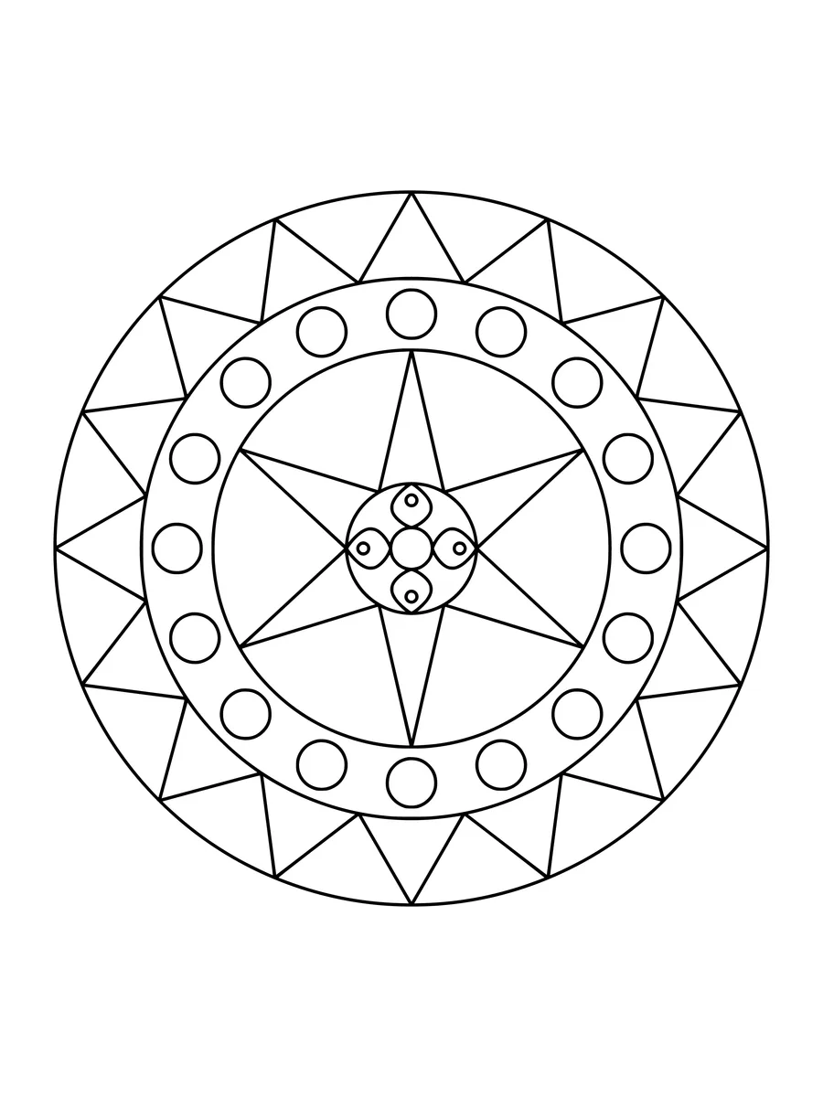 8-fold easy sun mandala with sunray and scalloped rings, an easy bold-line colouring page for kids to print or colour online