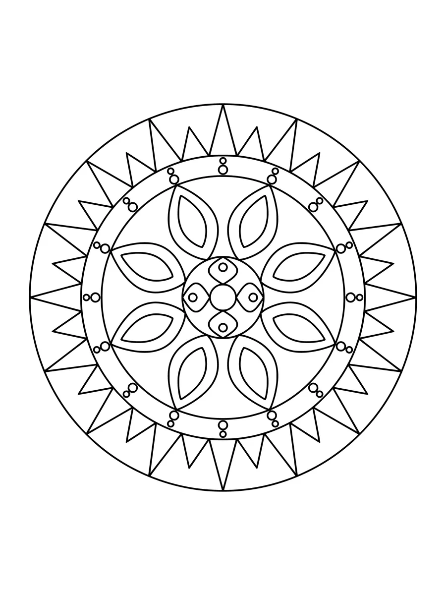 8-fold easy sun mandala with sunray and scalloped rings II, an easy bold-line colouring page for kids to print or colour online