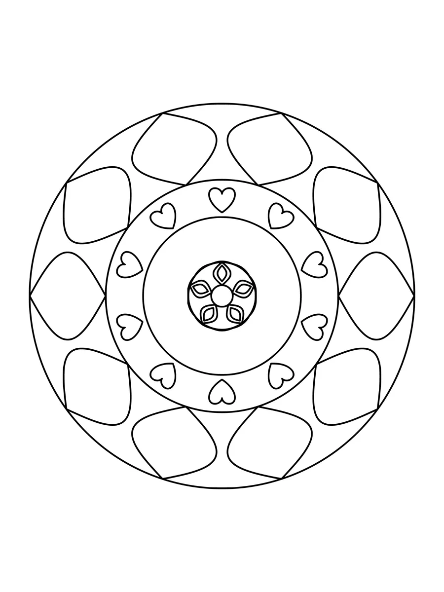 Easy garden mandala with leaf and petal rings, an easy bold-line coloring page for kids to print or color online
