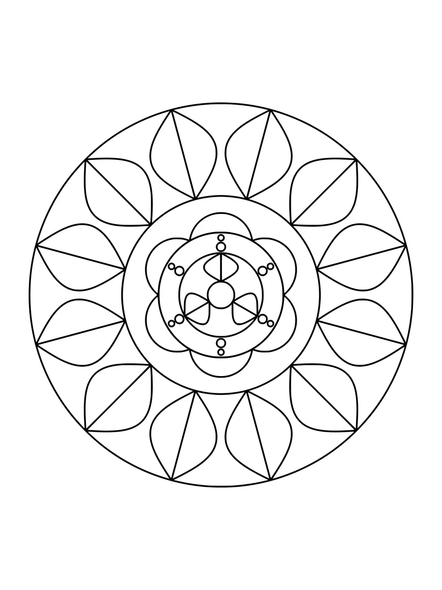 Easy lotus mandala with large petal and arched rings, an easy bold-line colouring page for kids to print or colour online