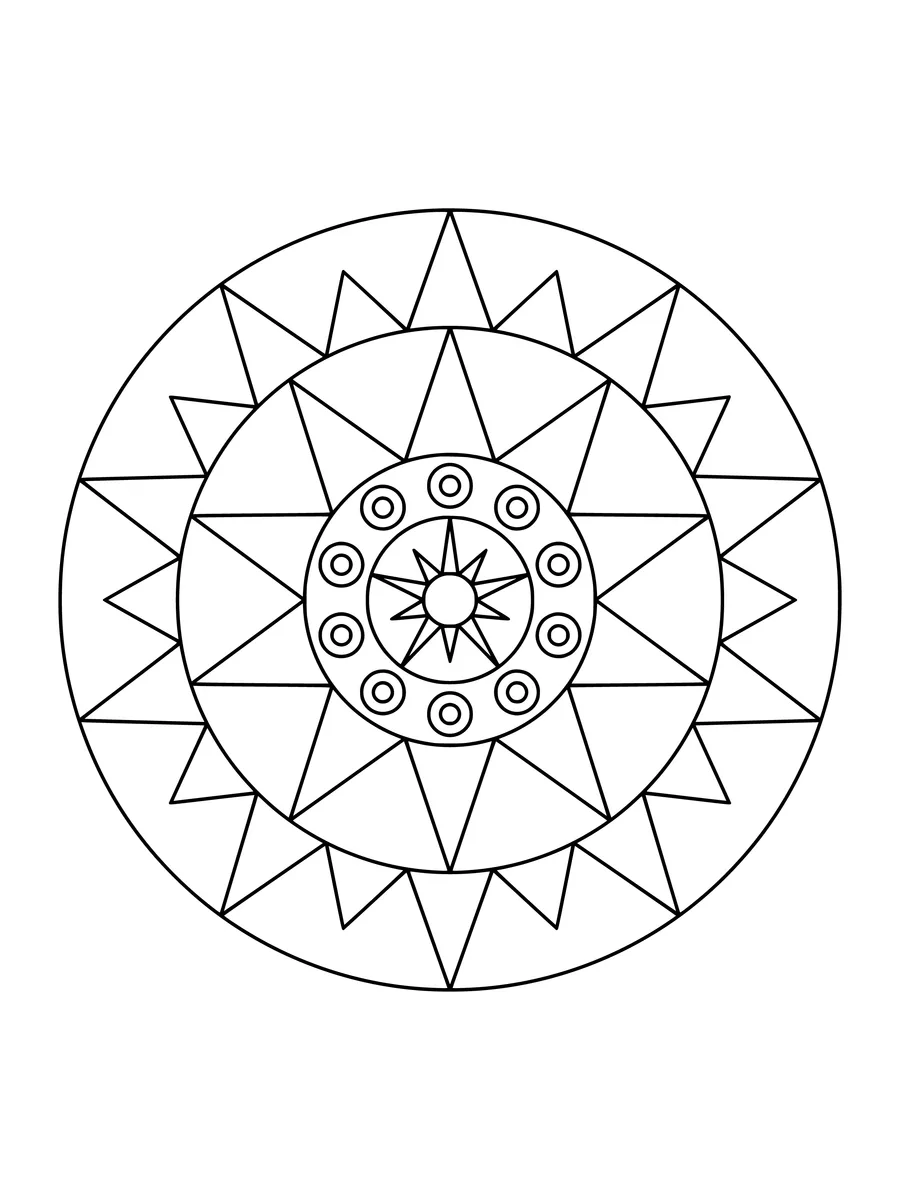 Easy star mandala with star and petal rings, an easy bold-line colouring page for kids to print or colour online