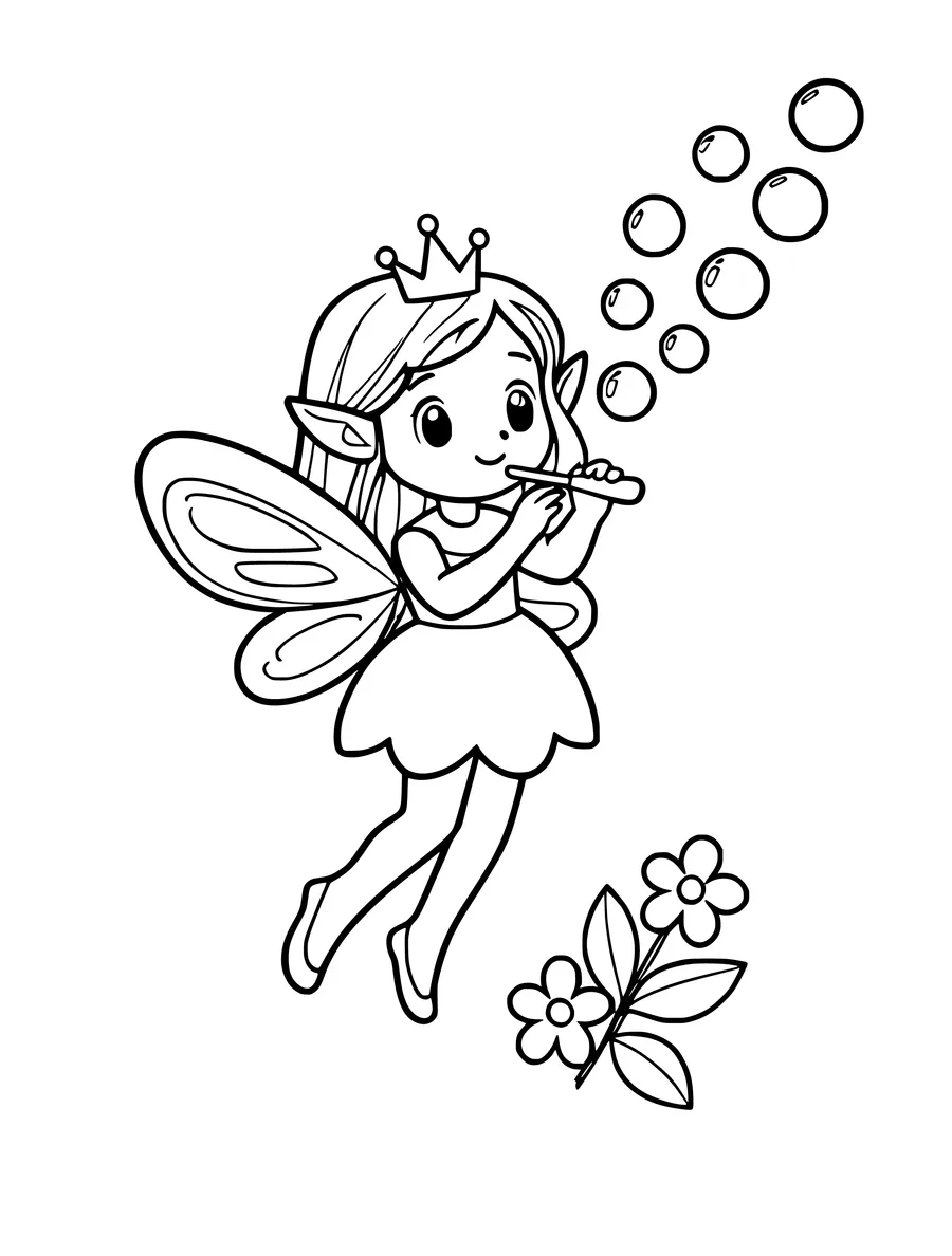 A cute fairy wearing a crown blows bubbles near a small cluster of flowers in this simple line art, coloring page