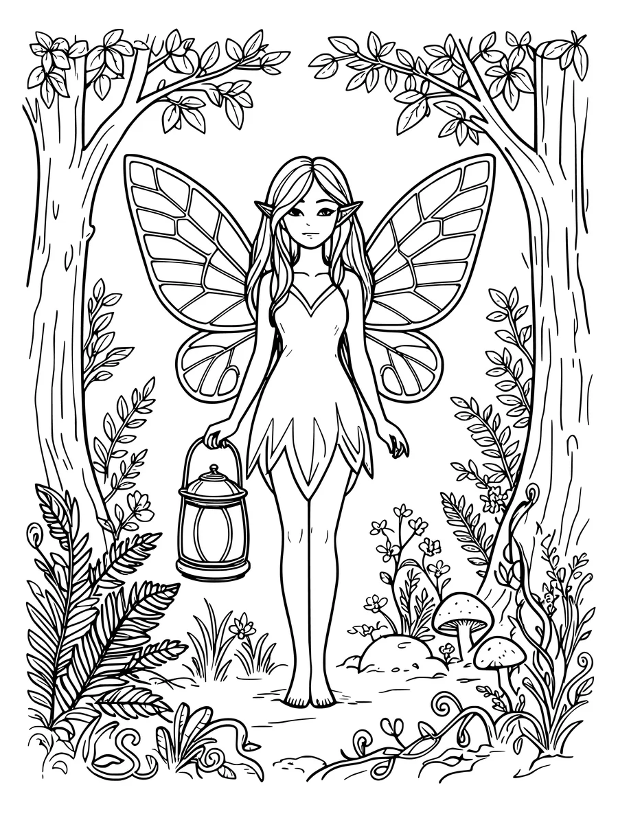 Black and white line art colouring page of fairy holding a lantern in the forest, medium detail