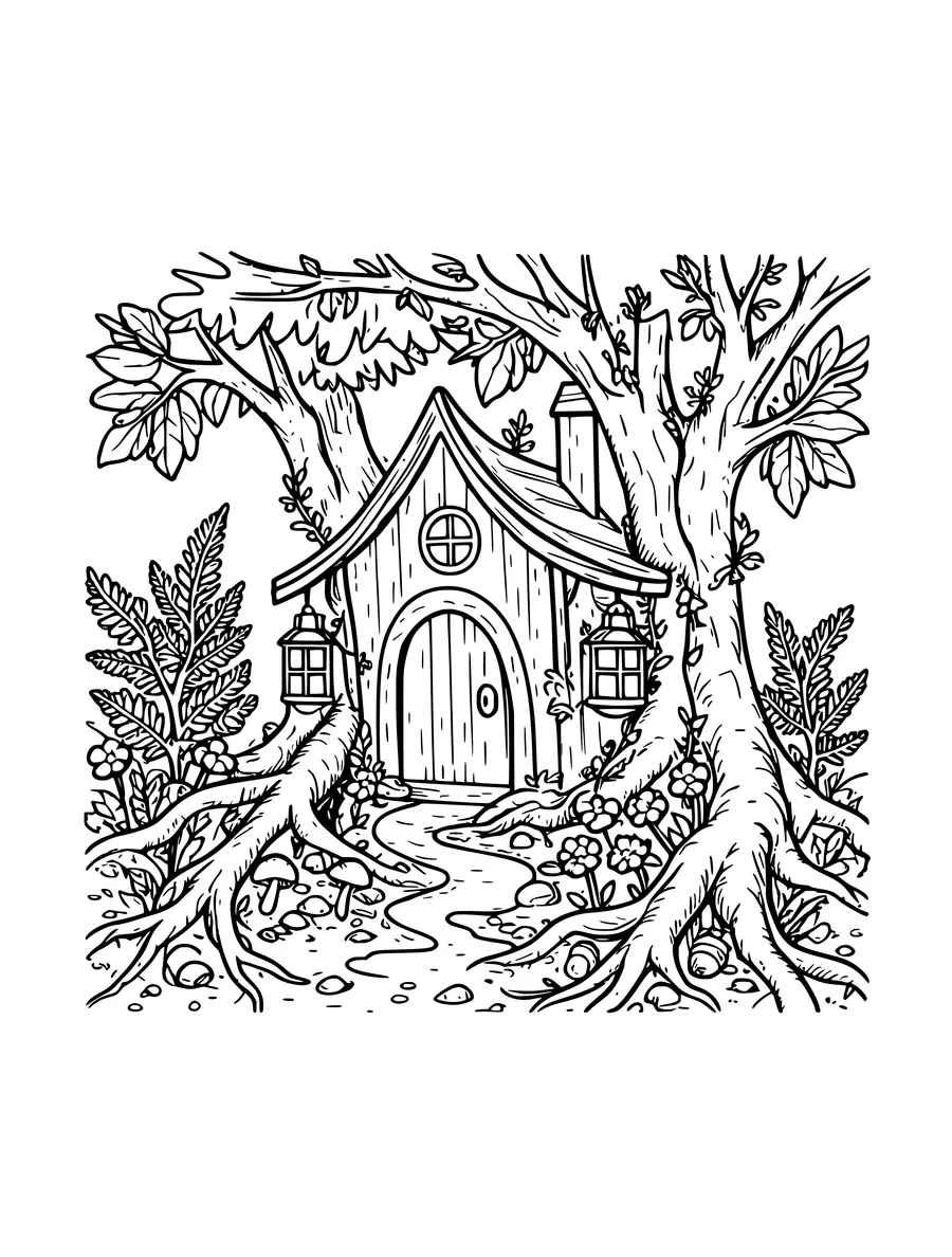 Black and white line art colouring page of fairy house among tree roots with a tiny door and lanterns, detailed detail