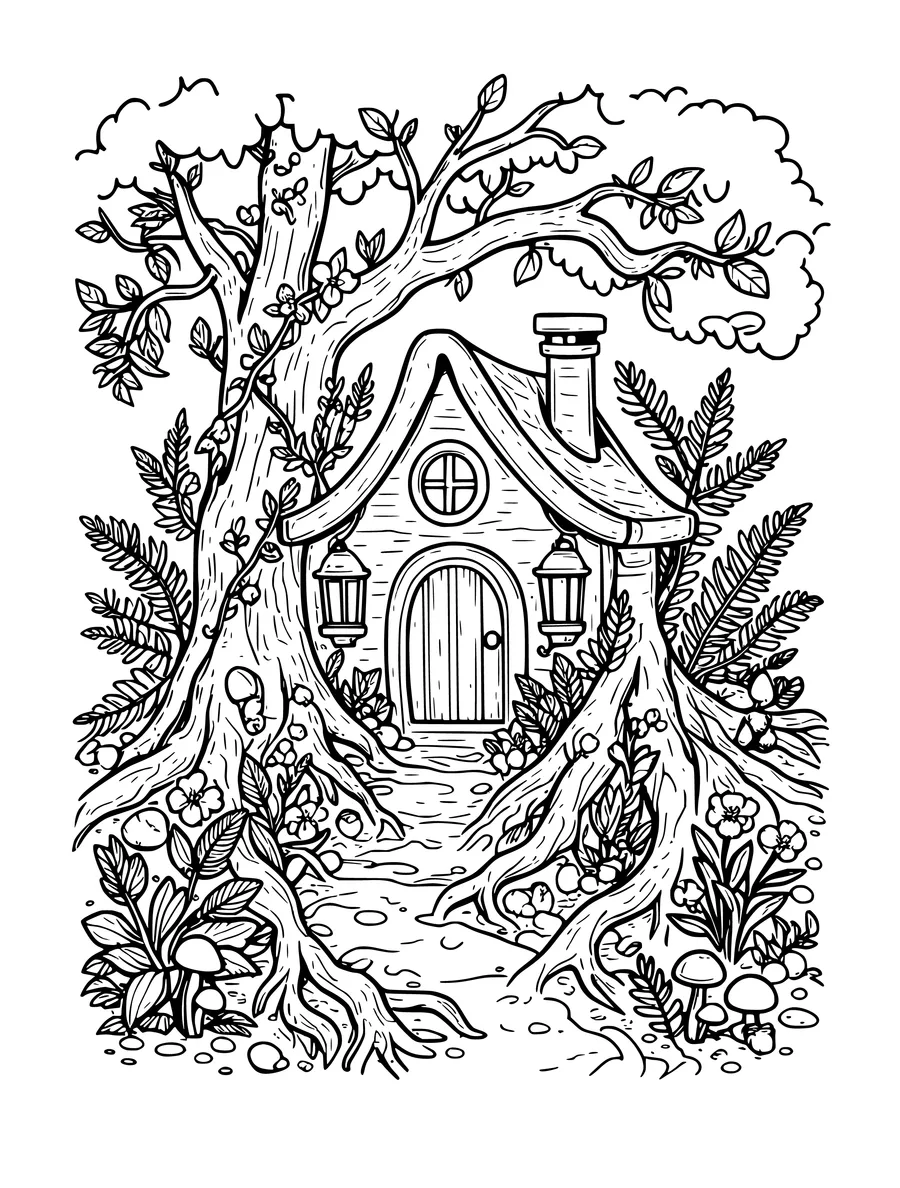 Black and white line art coloring page of fairy house among tree roots with a tiny door and lanterns, detailed detail