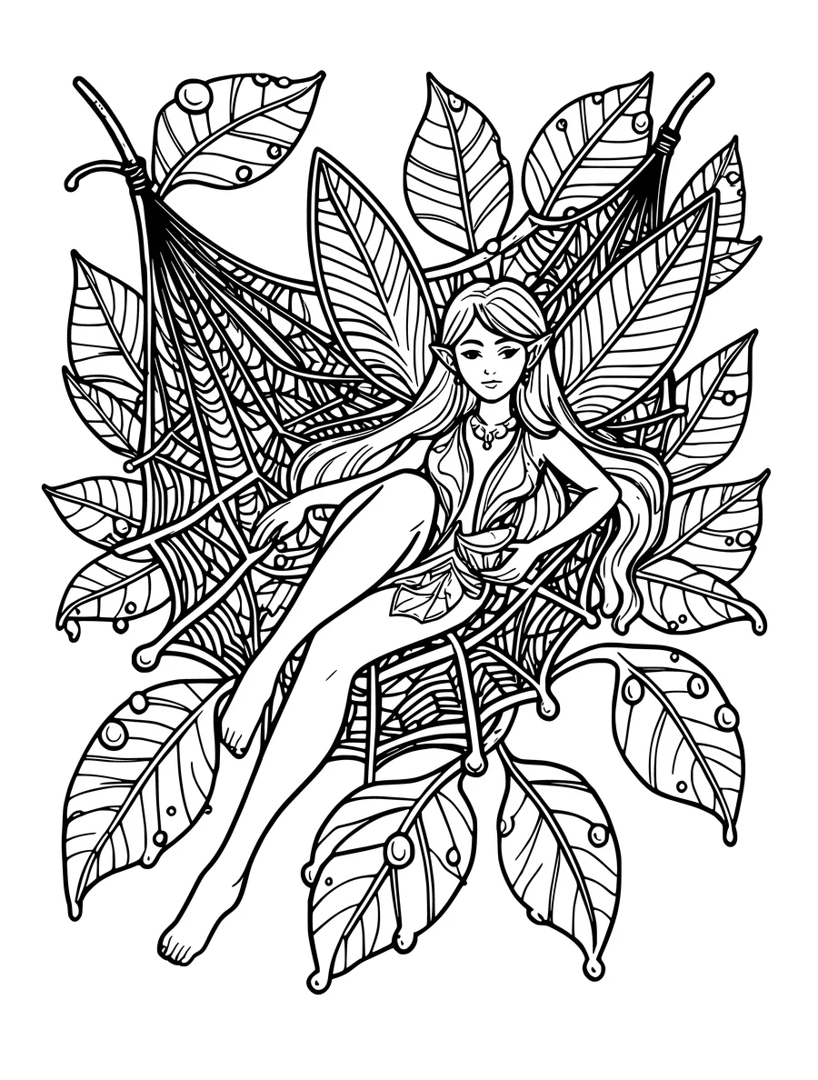 A fairy rests in a hammock made of a spider web, surrounded by large, dew-covered leaves, colouring page