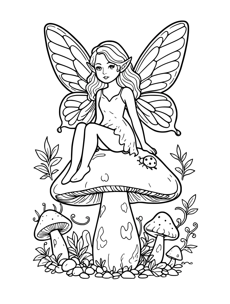 A fairy sits on a large mushroom with a ladybug nearby in this detailed nature-themed line art, coloring page