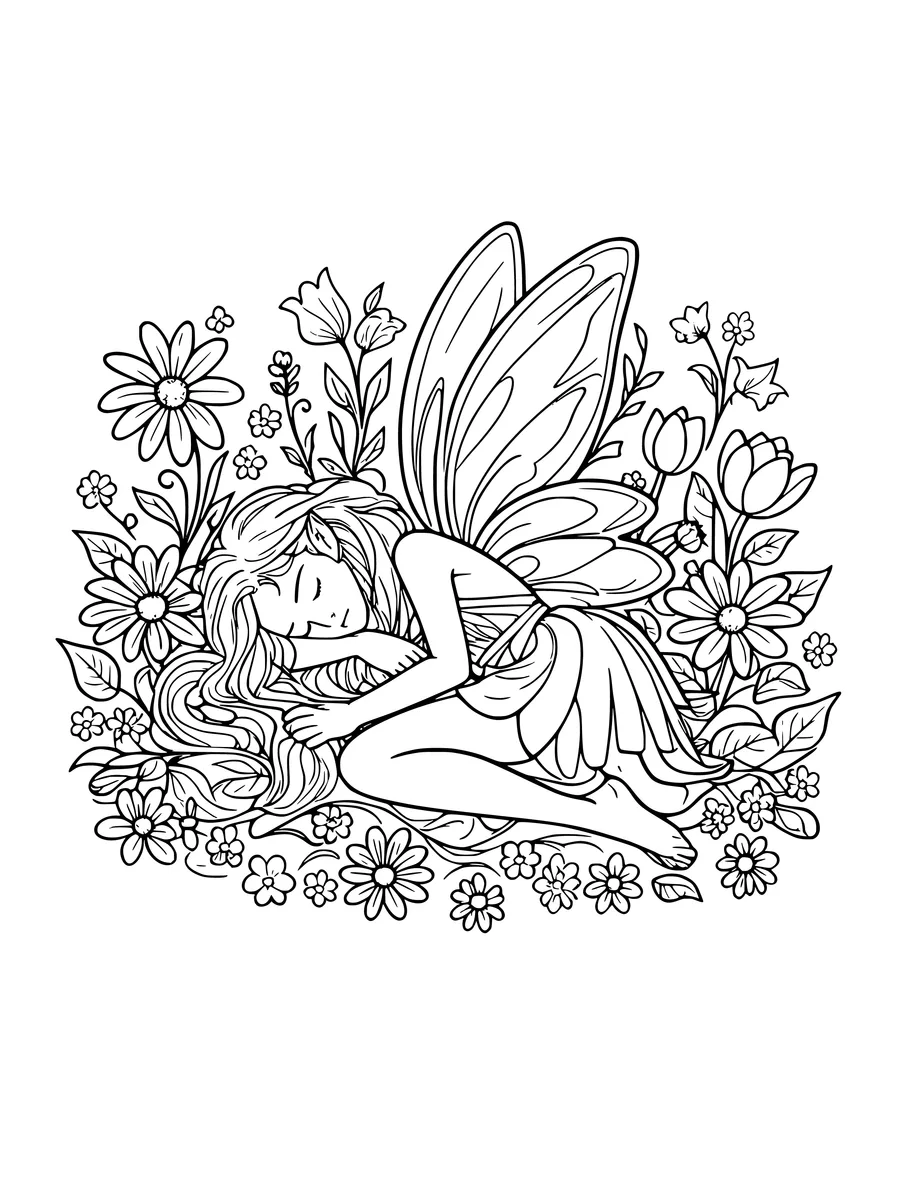 A fairy with delicate wings sleeps peacefully in a lush bed of various flowers and leaves, colouring page