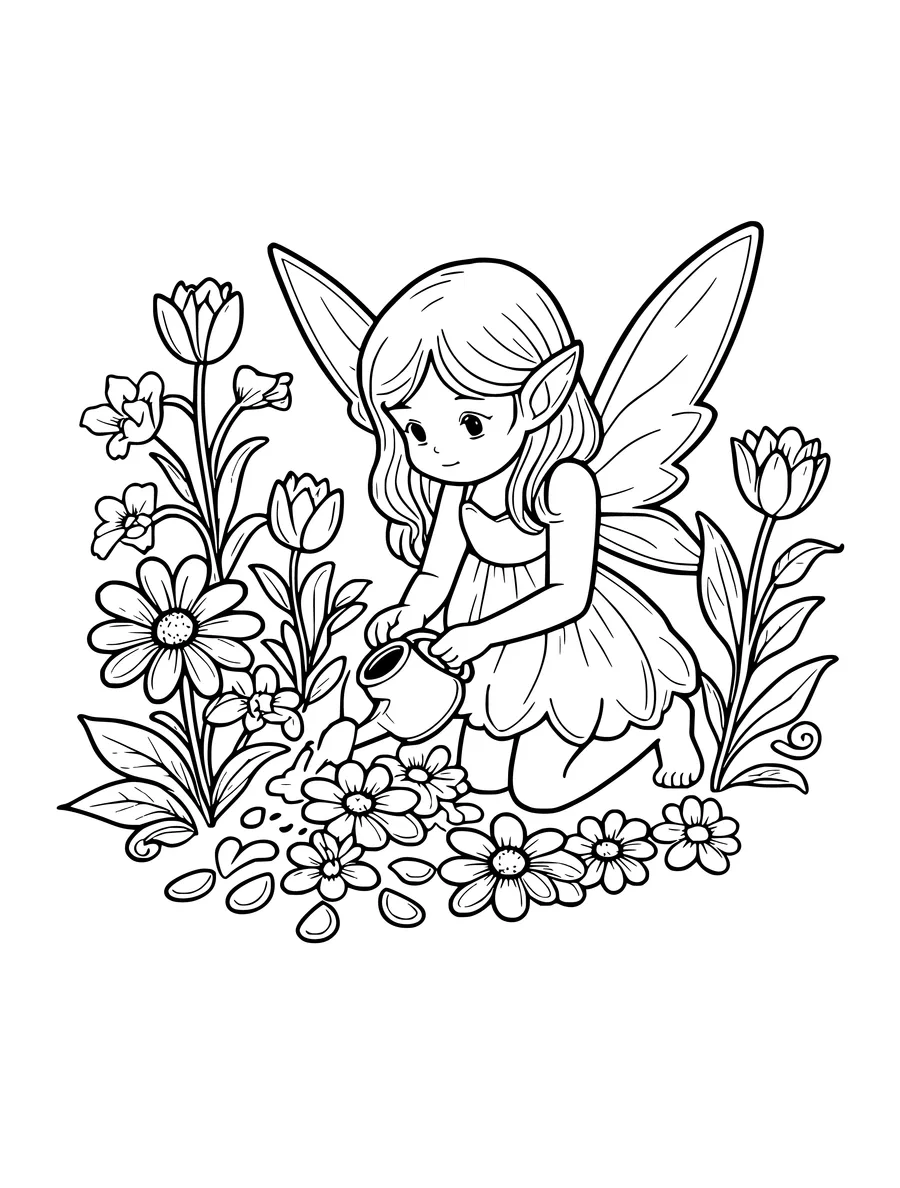 A fairy kneels in a garden, watering a patch of daisies and tulips with a tiny metal watering can, coloring page