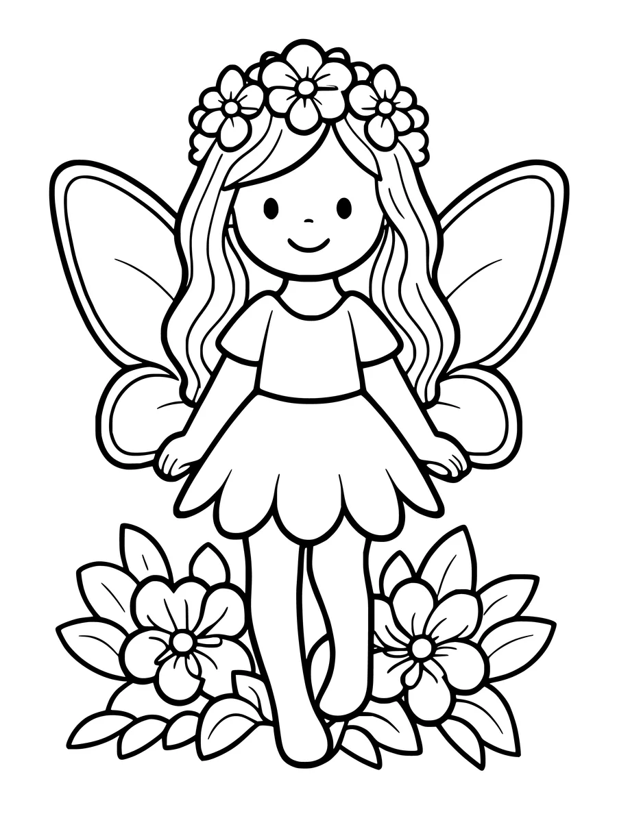 A cute fairy wearing a flower crown stands above blooming flowers in this simple colouring page.