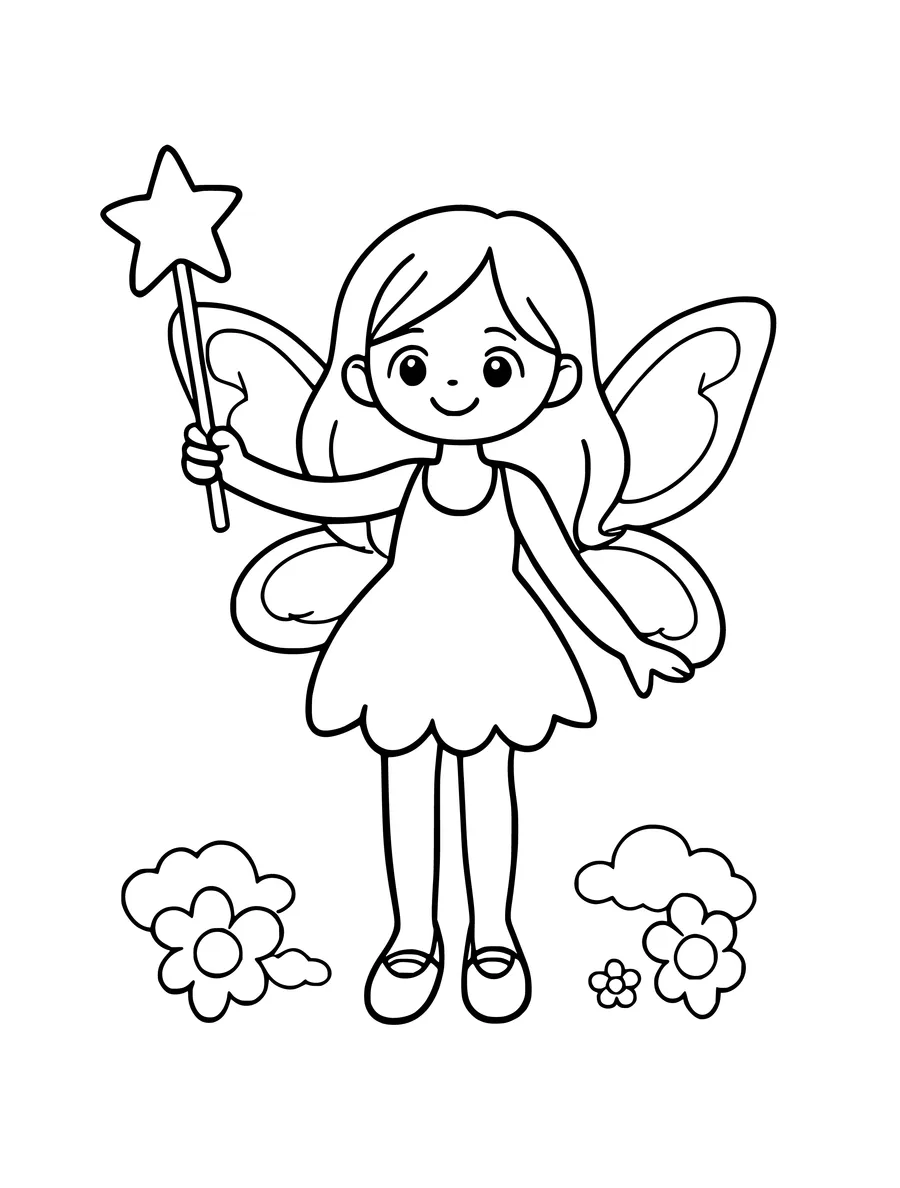 A fairy holding a star-tipped wand stands above small flowers in this clean line art coloring page.