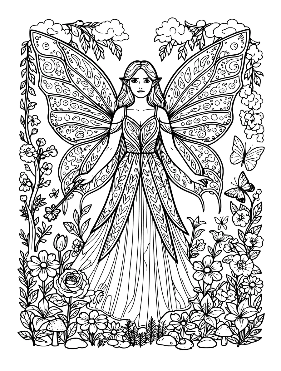 A fairy holding a magic wand stands amidst a lush garden filled with detailed flowers and butterflies, coloring page
