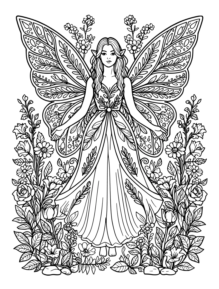 Black and white line art coloring page of fairy with detailed wings in a garden of flowers, detailed detail