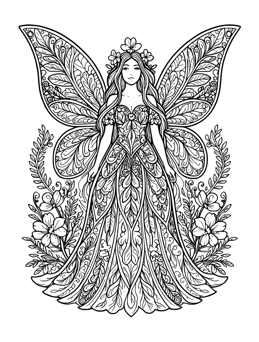 A fairy with intricate, leaf-patterned wings and a flowing gown stands amidst ornate floral foliage, coloring page