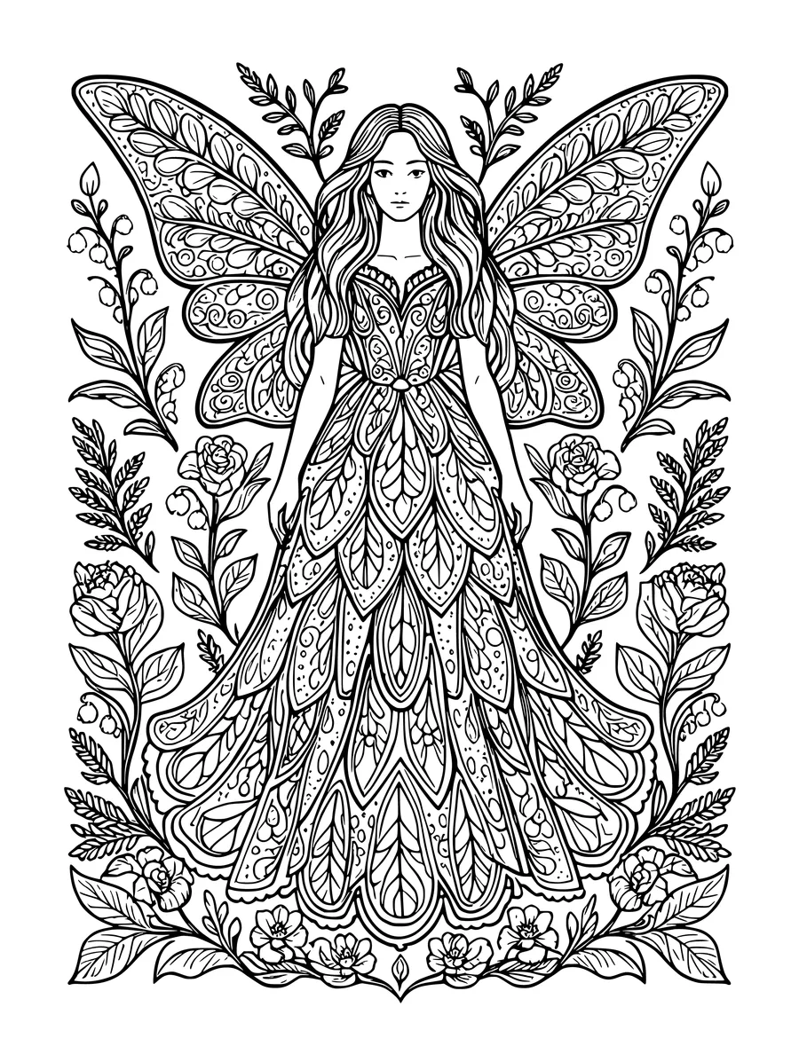 Black and white line art colouring page of fairy with ornate patterned wings and a floral gown, intricate detail