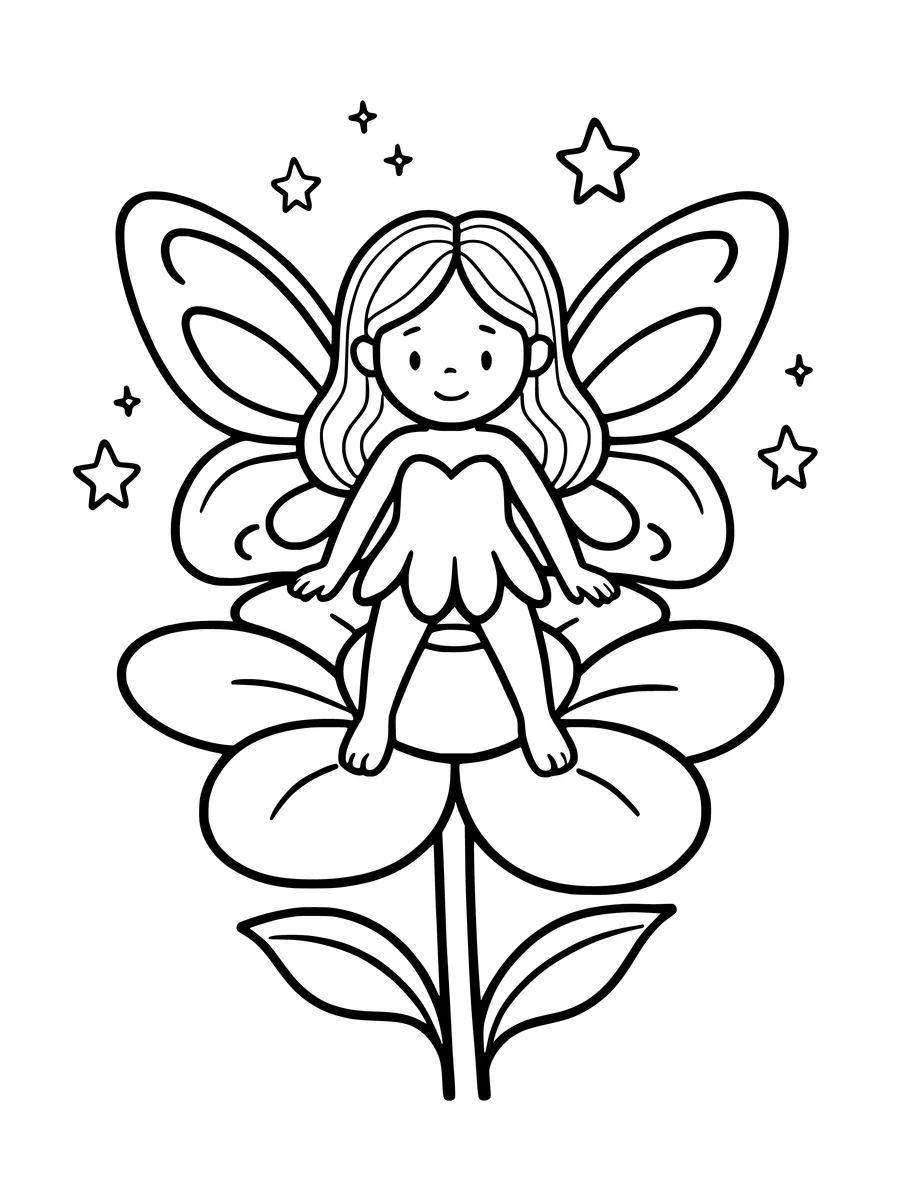 A cute little fairy with large wings sits on a flower surrounded by stars in this simple colouring page.