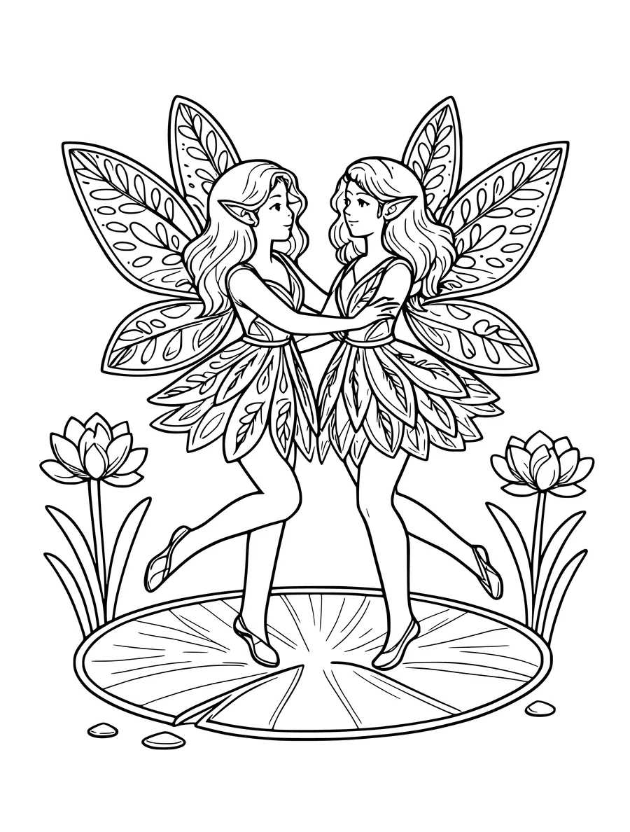 A pair of fairies with leaf-patterned wings dancing together on a circular lily pad surrounded by two flowers, colouring page