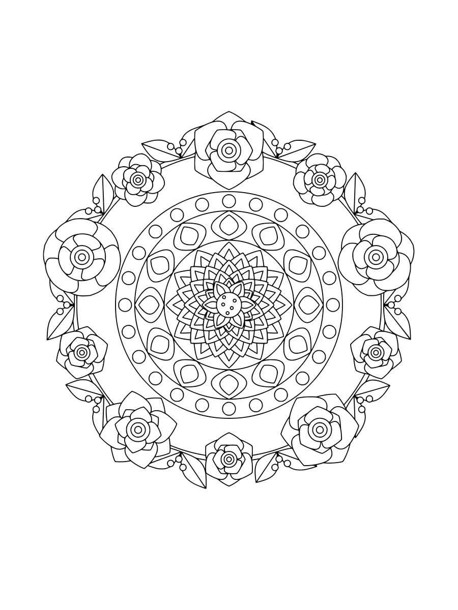 10-fold rose wreath mandala with berries and leaves, a medium-detail colouring page to print or colour online