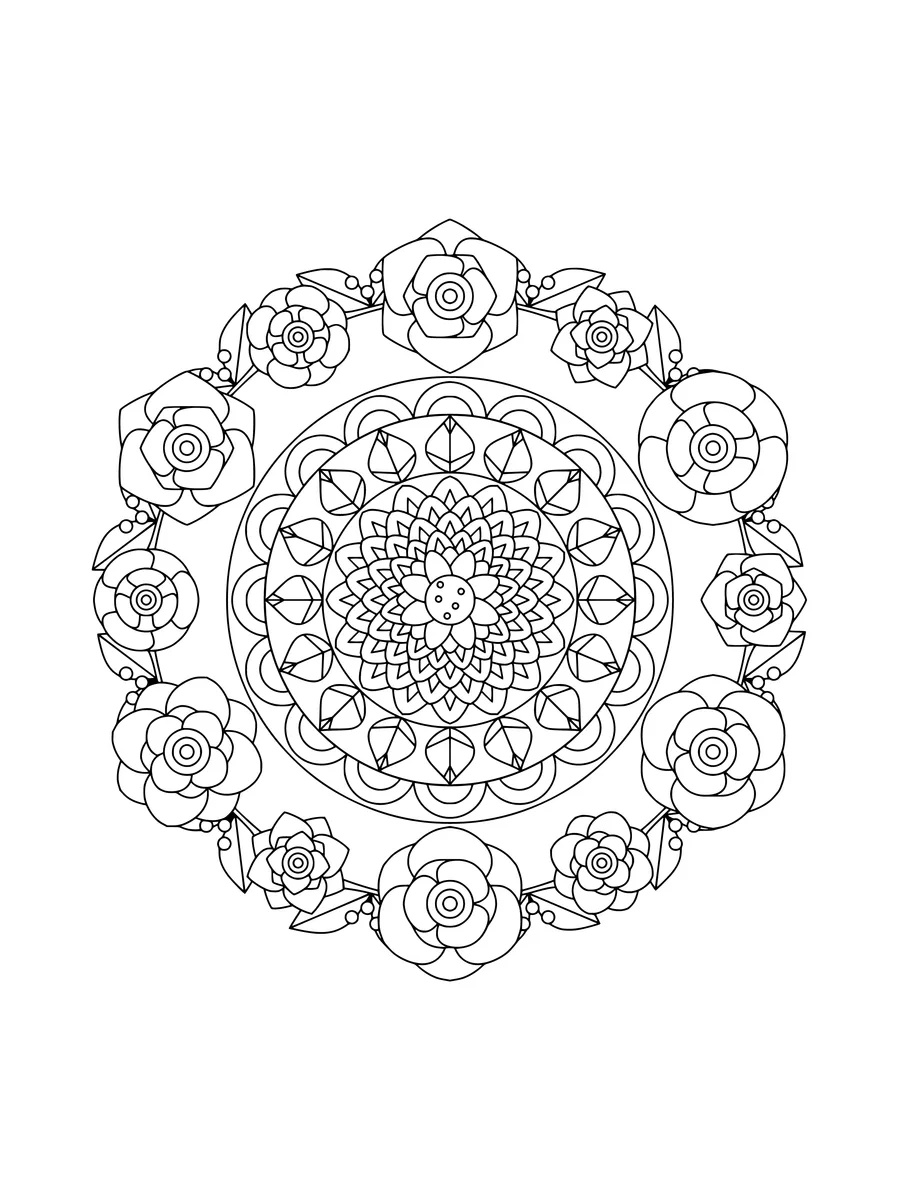 12-fold rose wreath mandala with berries and leaves, a medium-detail colouring page to print or colour online