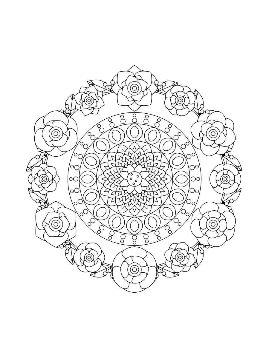 12-fold rose wreath mandala with berries and leaves II, a detailed colouring page for adults to print or colour online