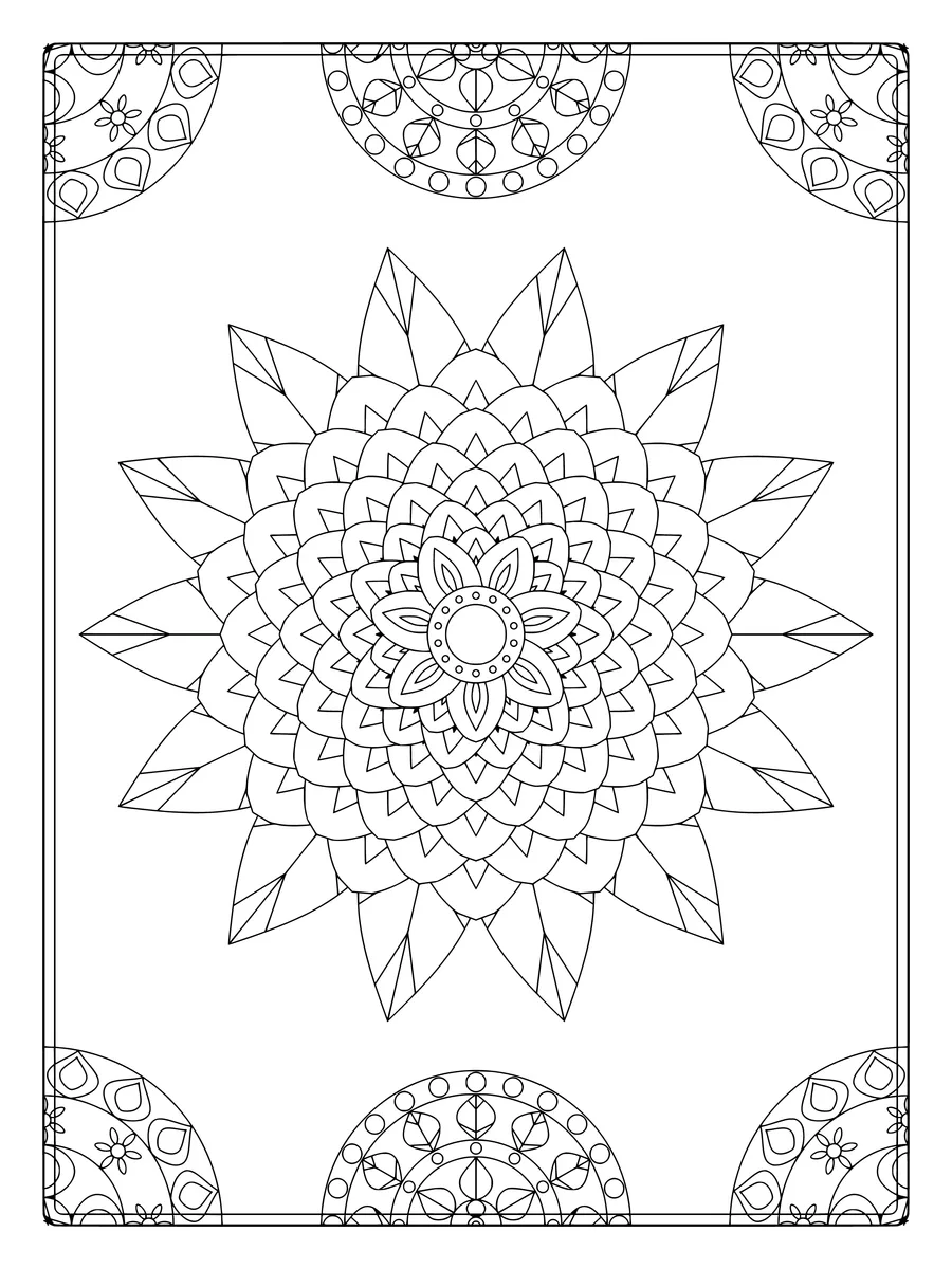14-fold dahlia flower mandala with layered petals and a leaf crown, an intricate fine-line coloring page for adults to print or color online