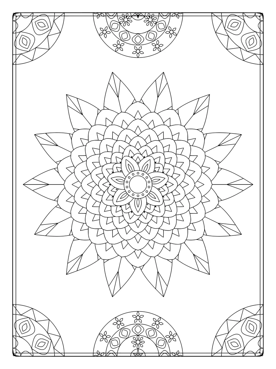 14-fold dahlia flower mandala with layered petals and a leaf crown II, an intricate fine-line colouring page for adults to print or colour online