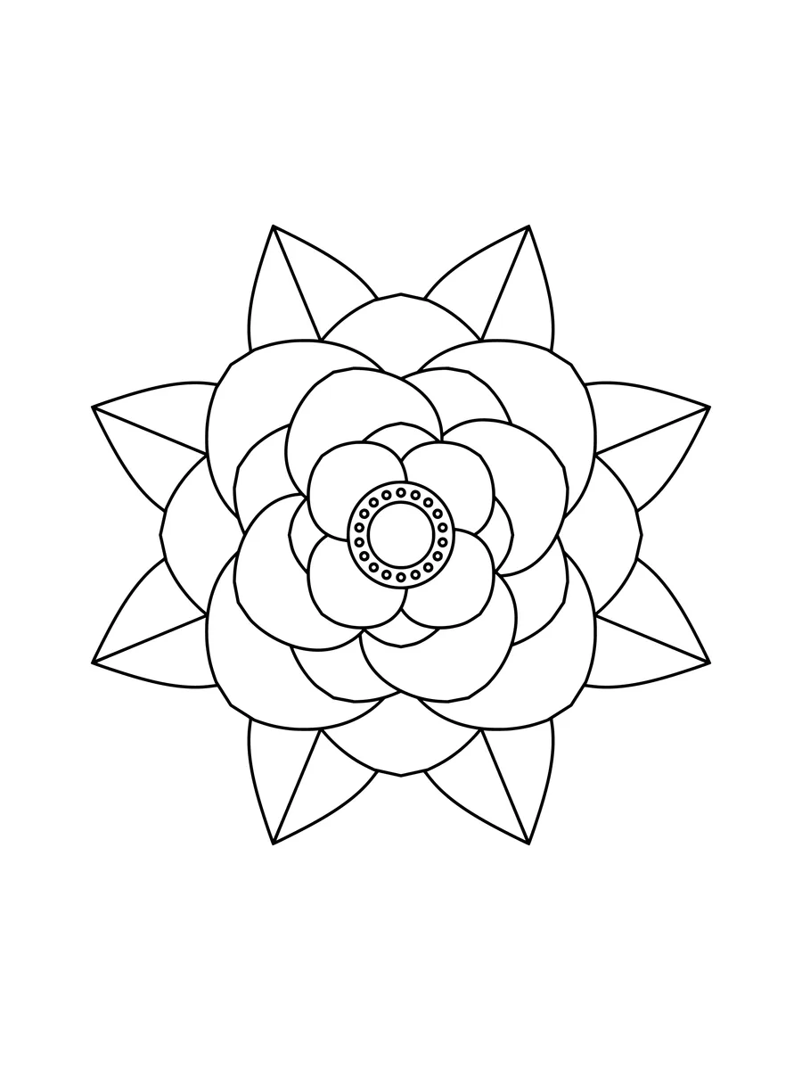 8-fold dahlia flower mandala with layered petals and a leaf crown, an easy bold-line coloring page to print or color online