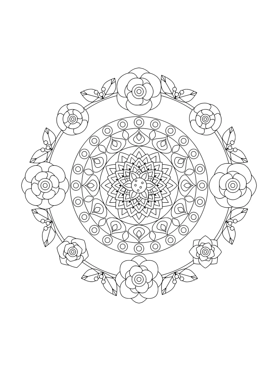 8-fold rose wreath mandala with berries and leaves, an intricate fine-line colouring page for adults to print or colour online