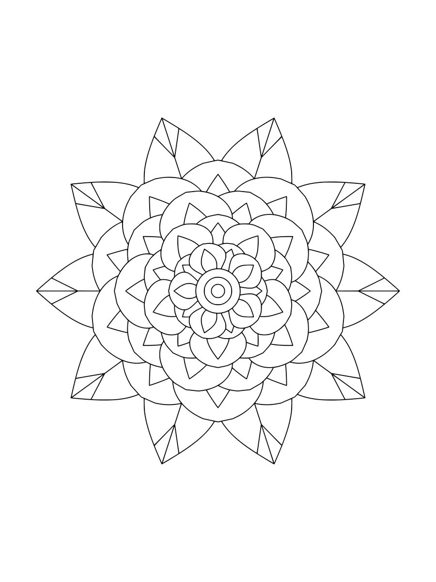 Dahlia flower mandala with layered petals and a leaf crown, a medium-detail colouring page to print or colour online