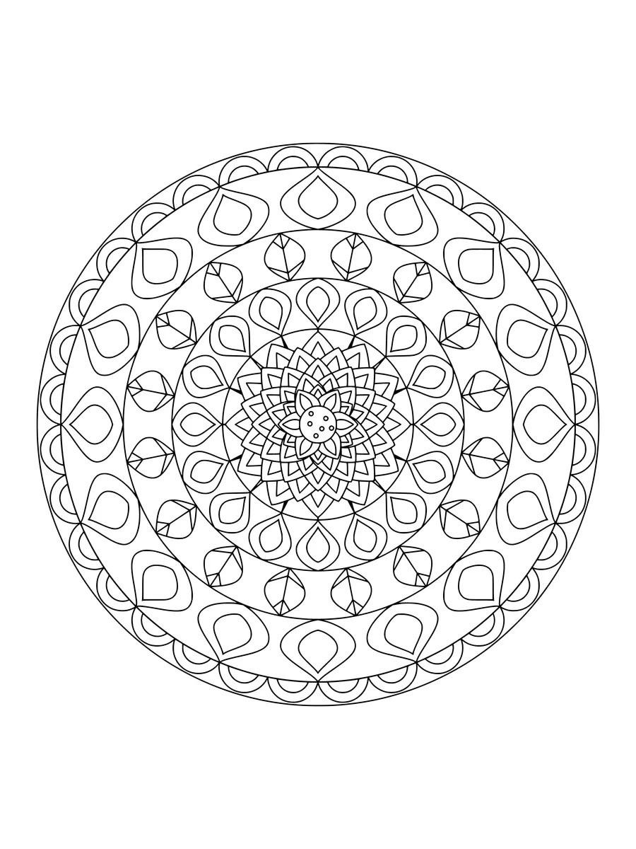 Floral rosette mandala with inverted petal and leaf rings, a medium-detail colouring page to print or colour online