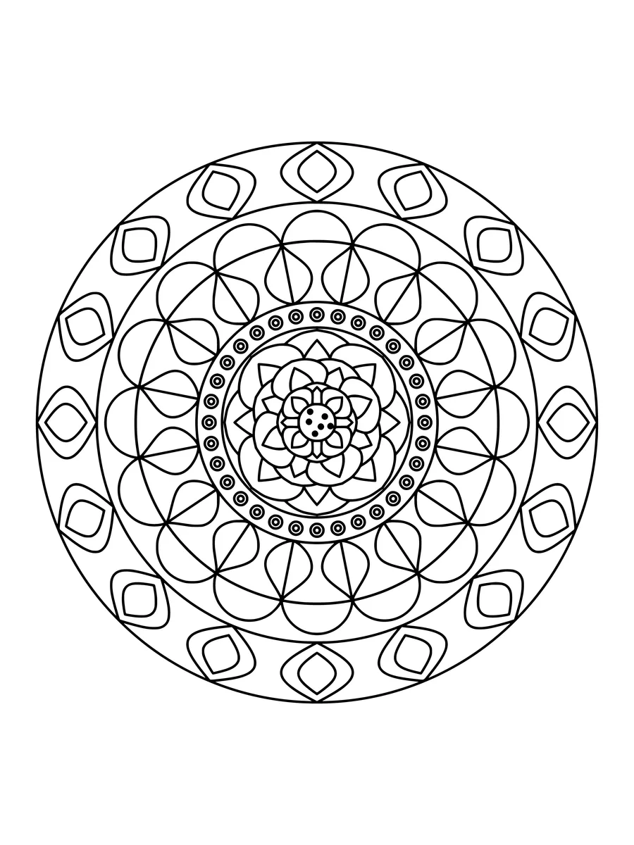 Floral rosette mandala with leaf and beaded rings, an easy bold-line coloring page to print or color online
