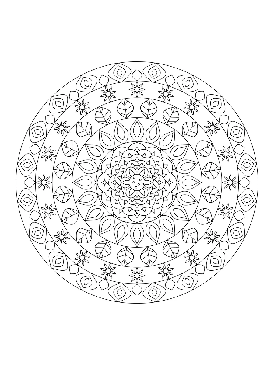 Floral rosette mandala with petal and leaf rings, an intricate fine-line coloring page for adults to print or color online
