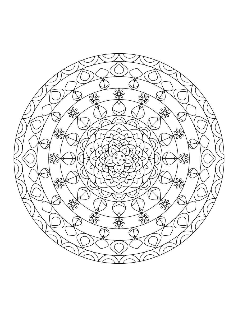 Floral rosette mandala with scalloped and leaf rings, a detailed colouring page for adults to print or colour online