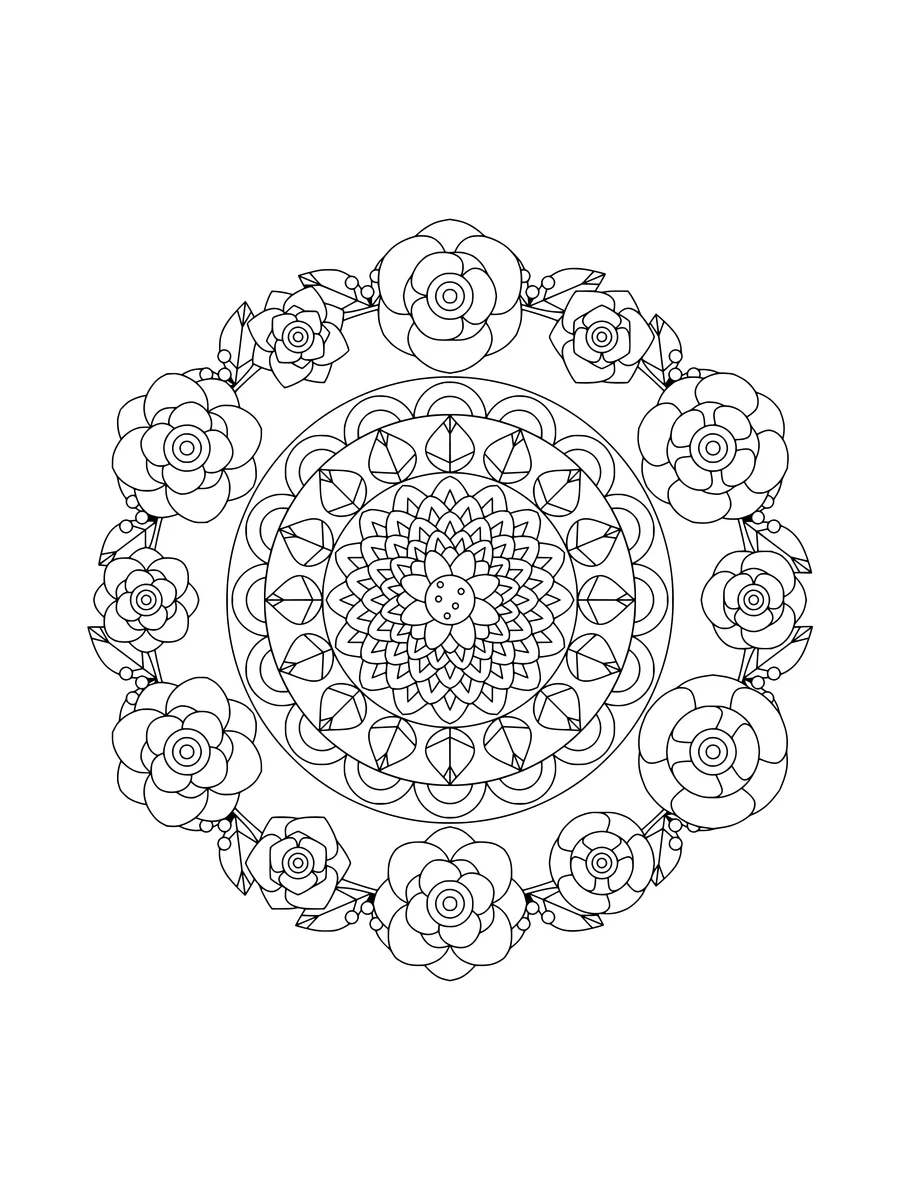 Rose wreath mandala with berries and leaves, a detailed coloring page for adults to print or color online
