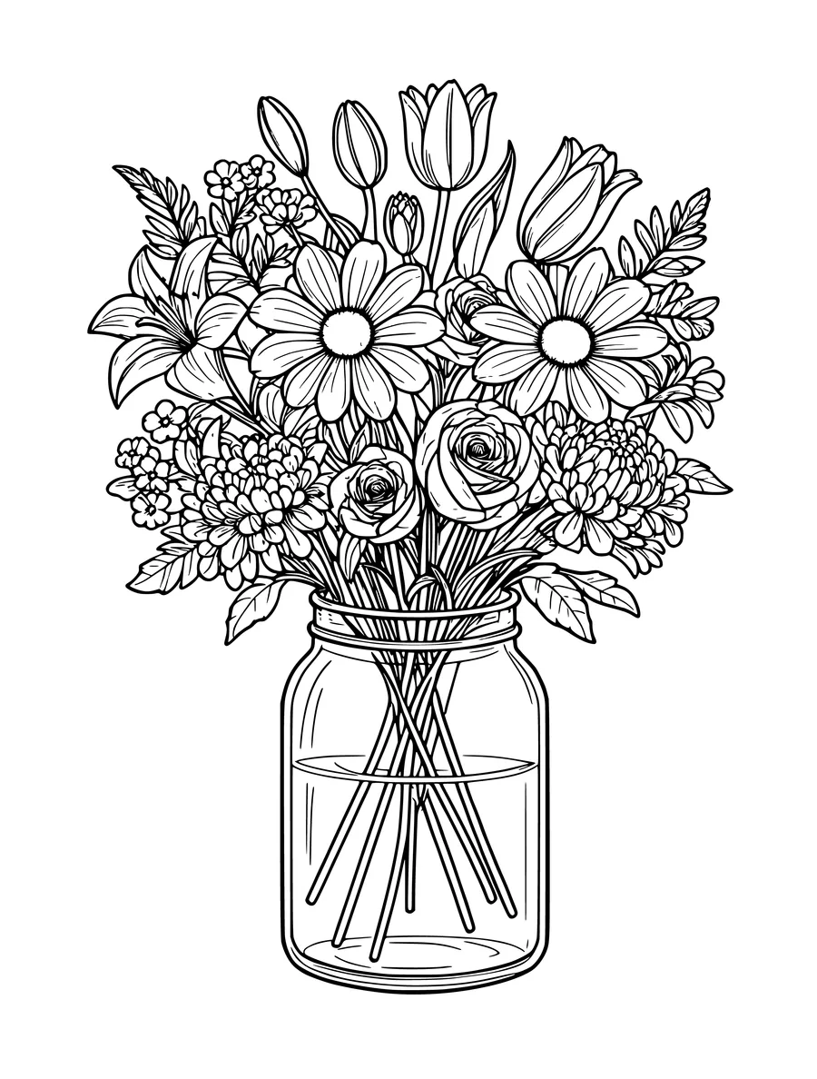 A detailed coloring page shows an intricate bouquet of mixed flowers arranged in a glass jar.
