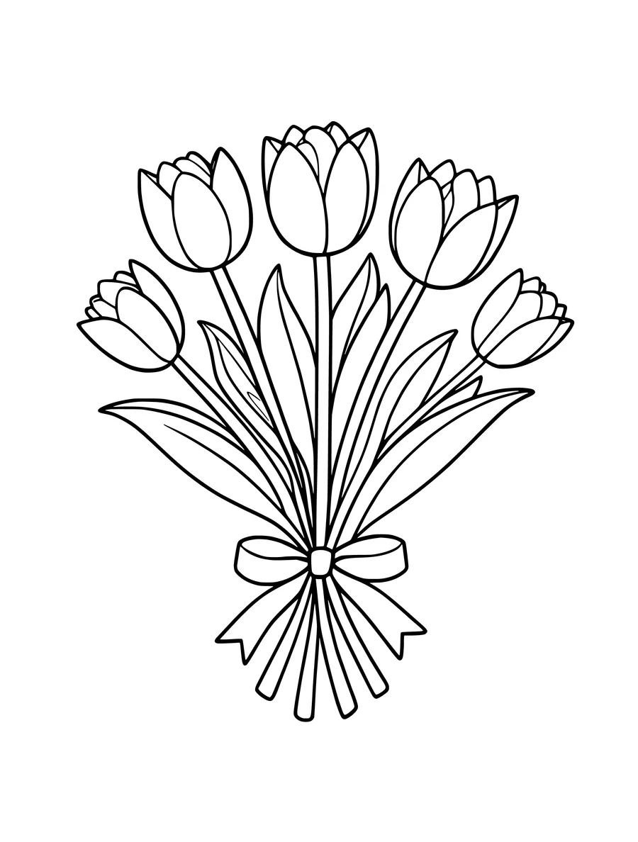 A colouring page features a bunch of tulips tied together with a decorative ribbon.