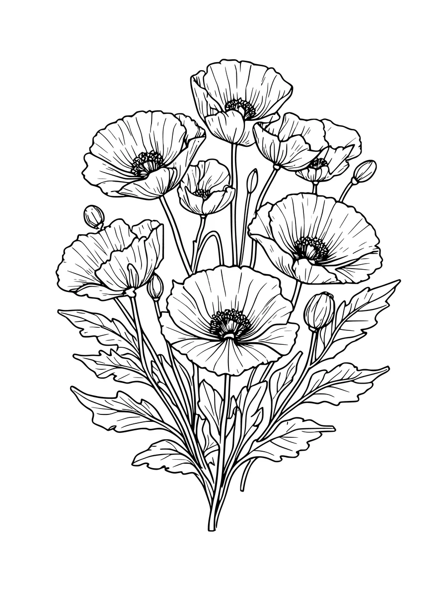 A cluster of poppies with delicate petals, unopened buds, and textured leaves, colouring page