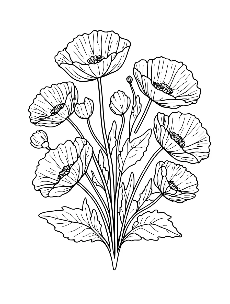 Black and white line art coloring page of cluster of poppies with buds and leaves, medium detail