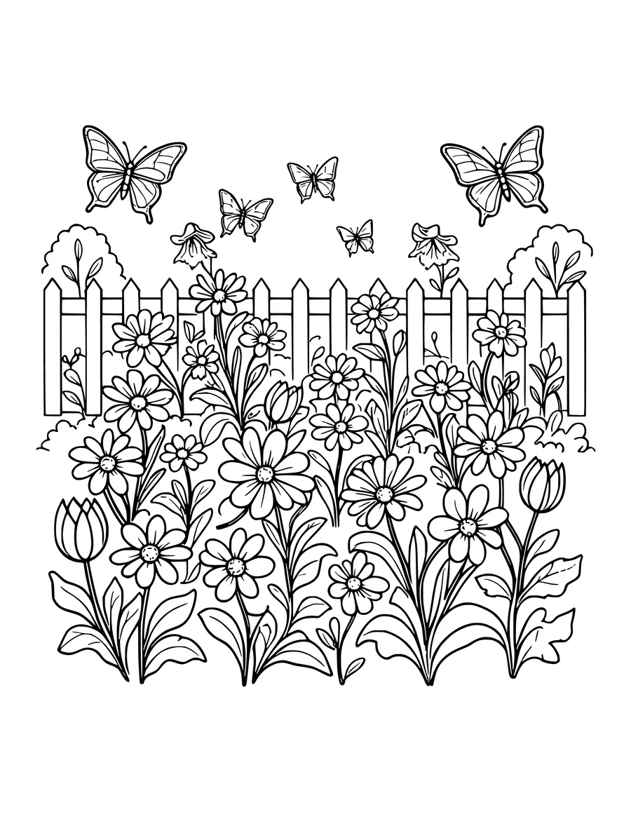 A coloring page displays a lush garden with a picket fence and several butterflies flying above.