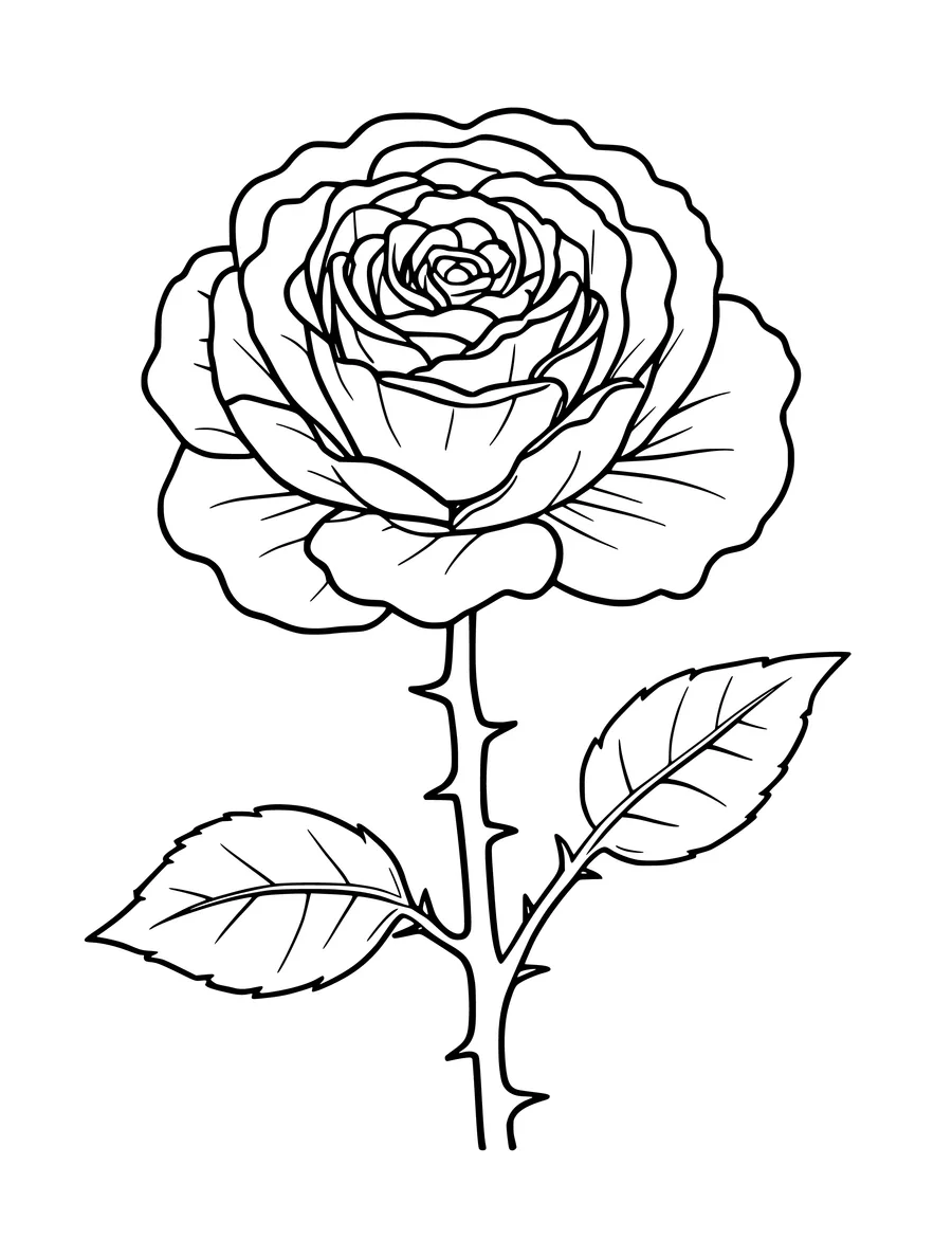 Detailed line art of a large, open rose with layered petals and a thorny stem, colouring page