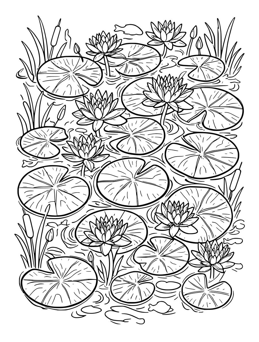 Black and white line art colouring page of lily pad pond with water lilies in bloom, detailed detail