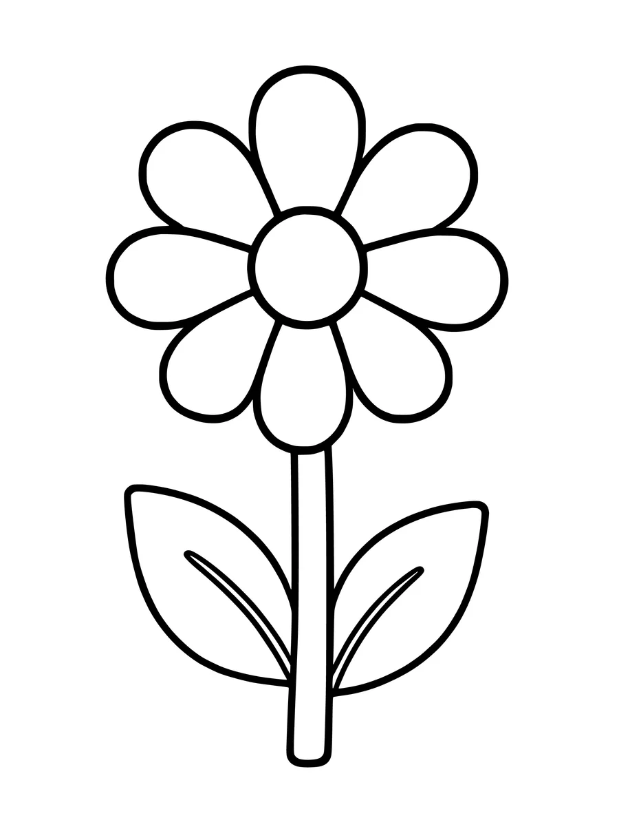 A simple colouring page shows one large daisy-like flower with a thick stem and two leaves.