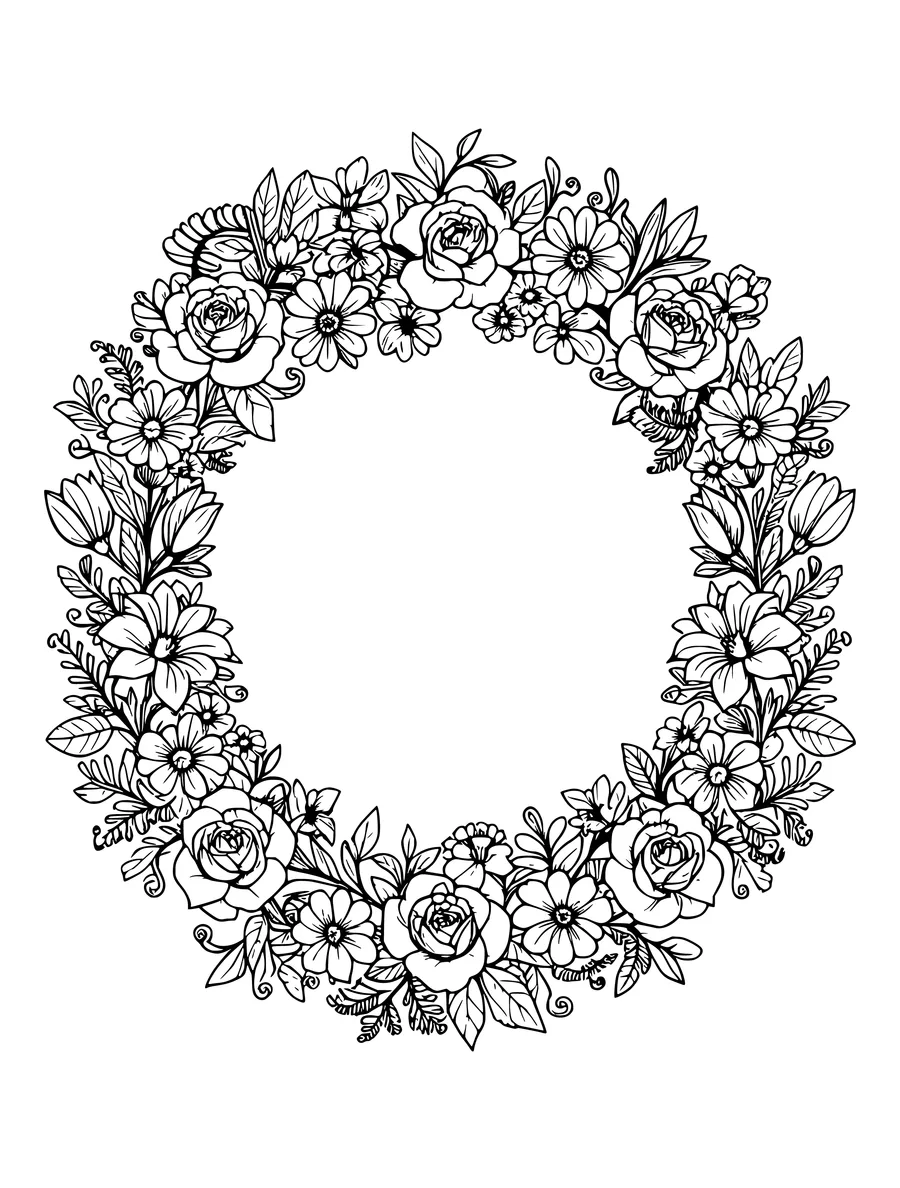 An ornate coloring page featuring a circular wreath of various flowers and leaves.