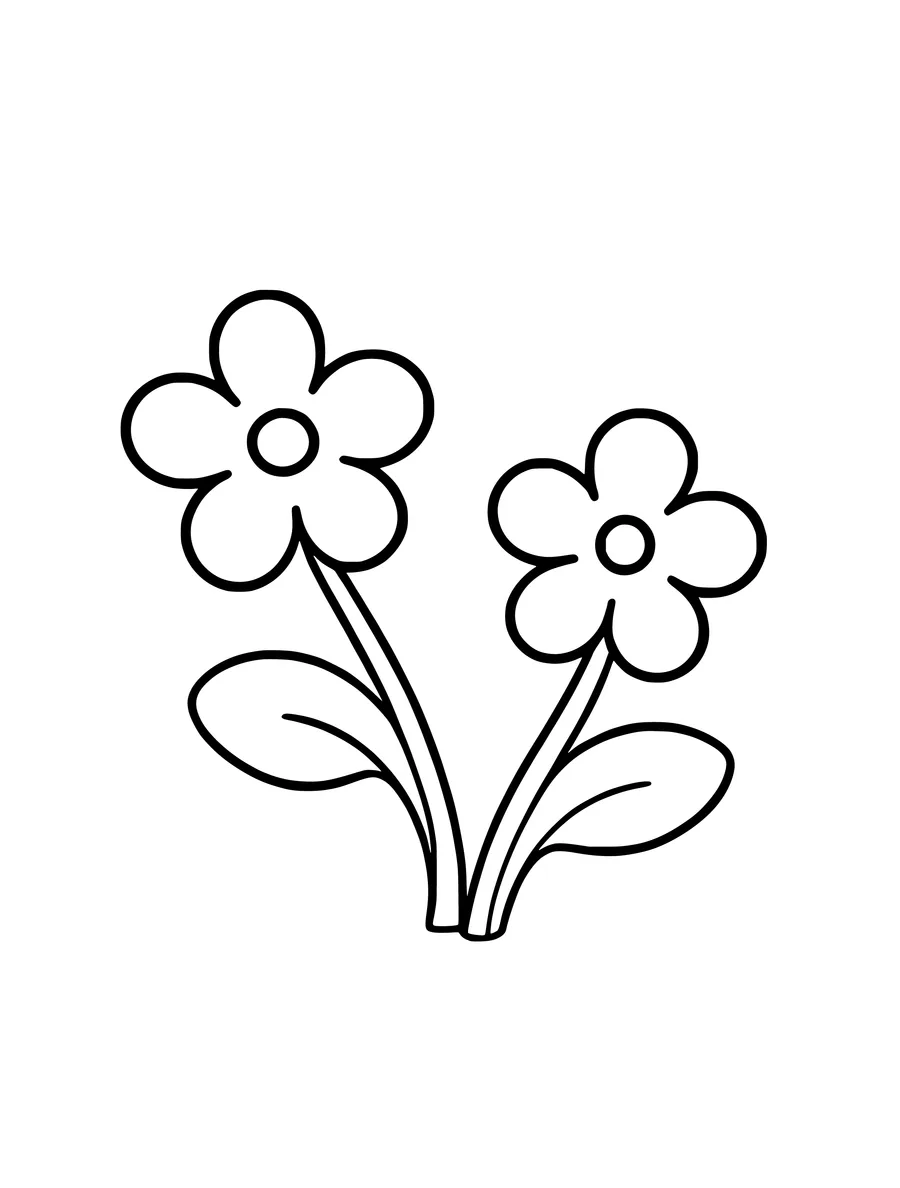 Line art of two simple flowers with rounded petals and heart-shaped leaves on their stems, colouring page